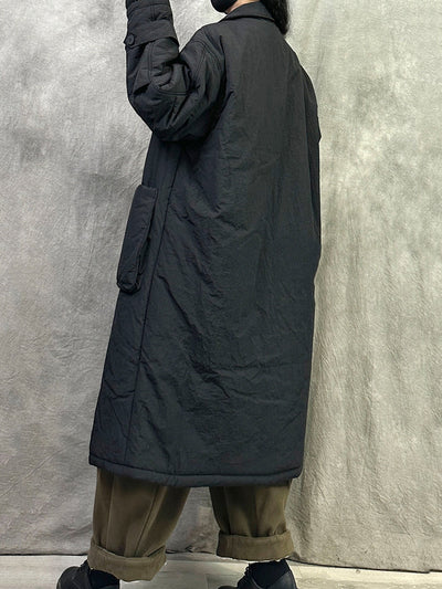 Women Winter Pure Color Padded Turn-down Collar Long Coat