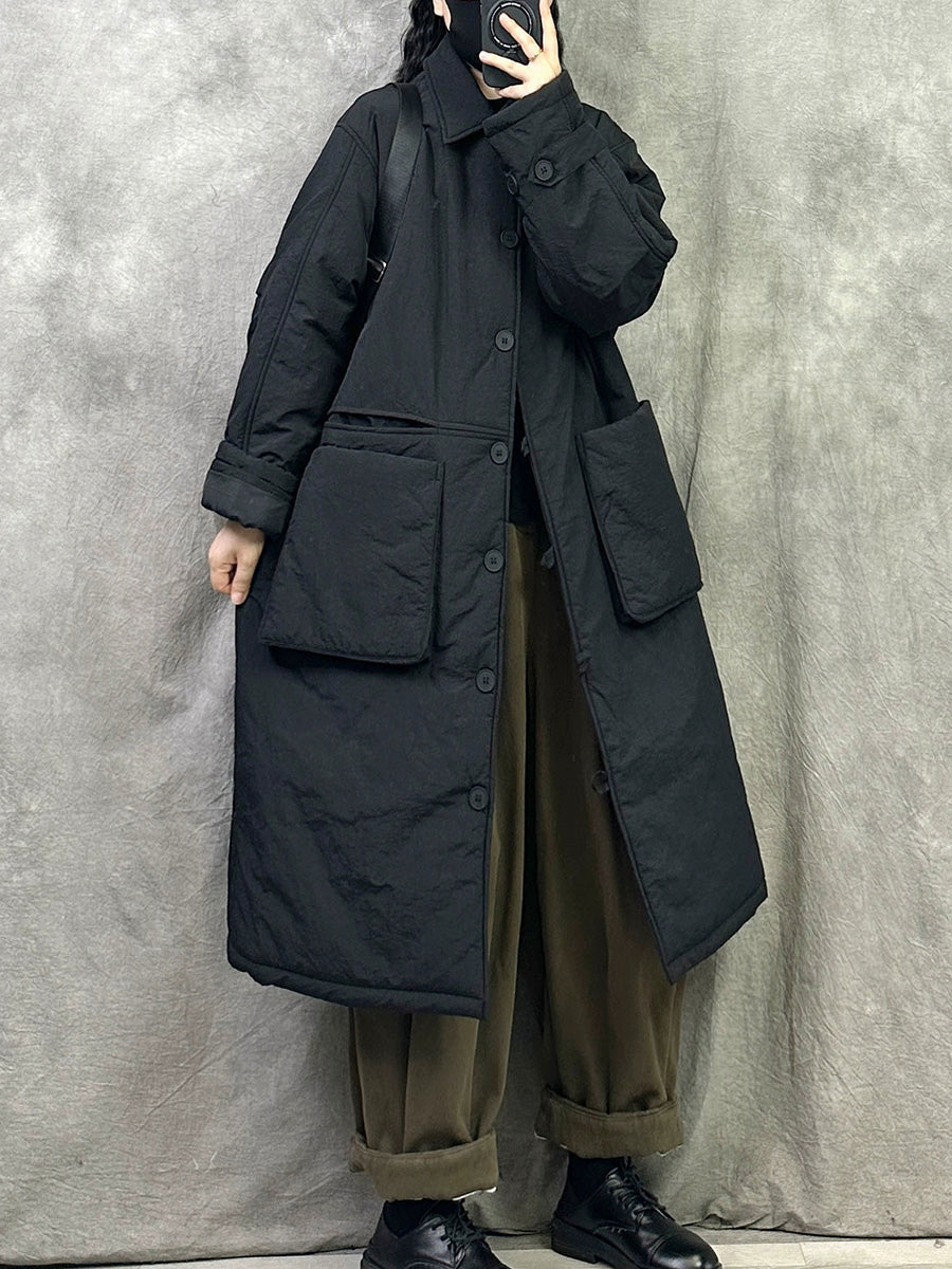 Women Winter Pure Color Padded Turn-down Collar Long Coat