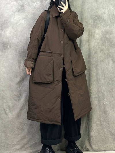Women Winter Pure Color Padded Turn-down Collar Long Coat