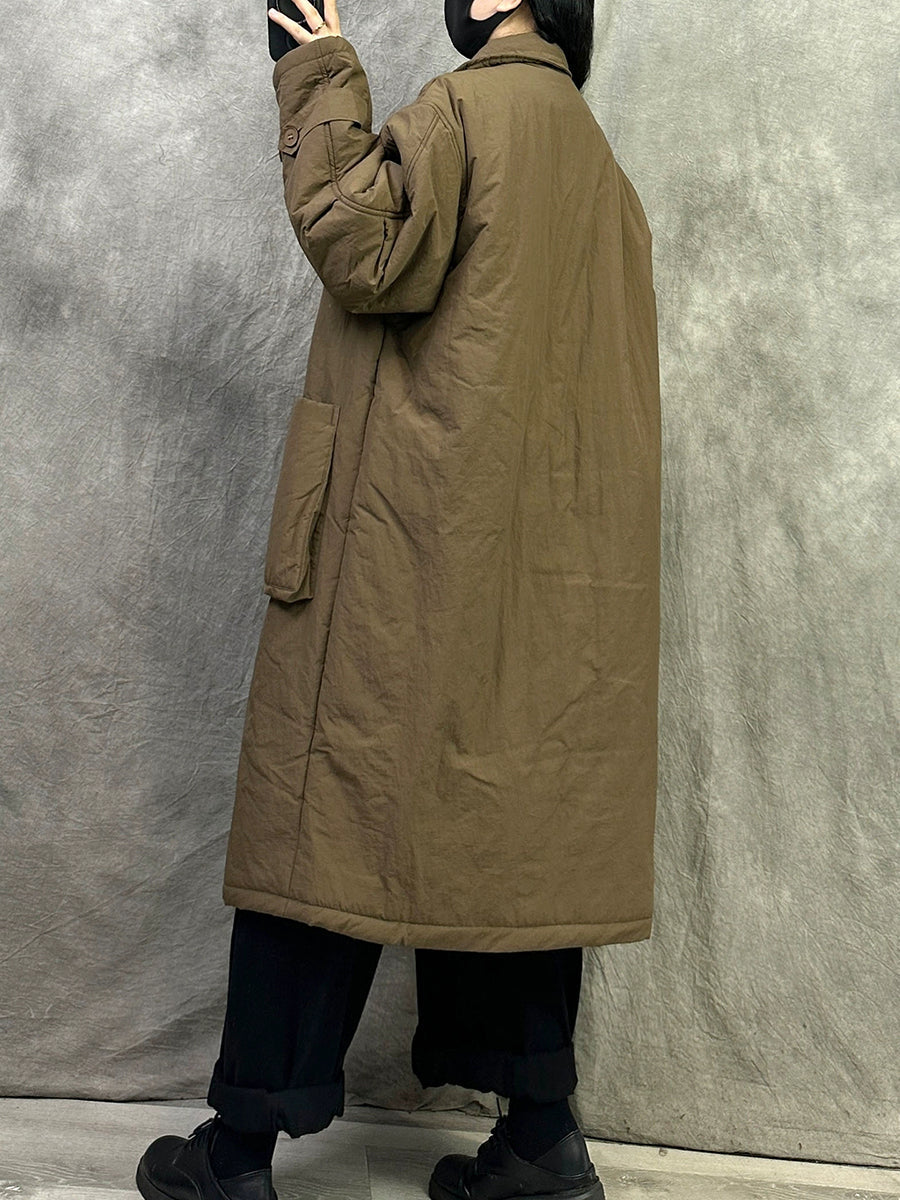 Women Winter Pure Color Padded Turn-down Collar Long Coat