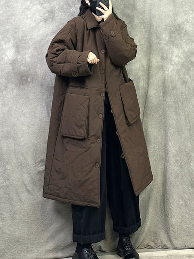 Women Winter Pure Color Padded Turn-down Collar Long Coat