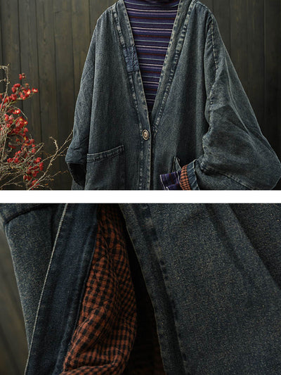 Women Vintage Denim V-Neck Padded Coat
