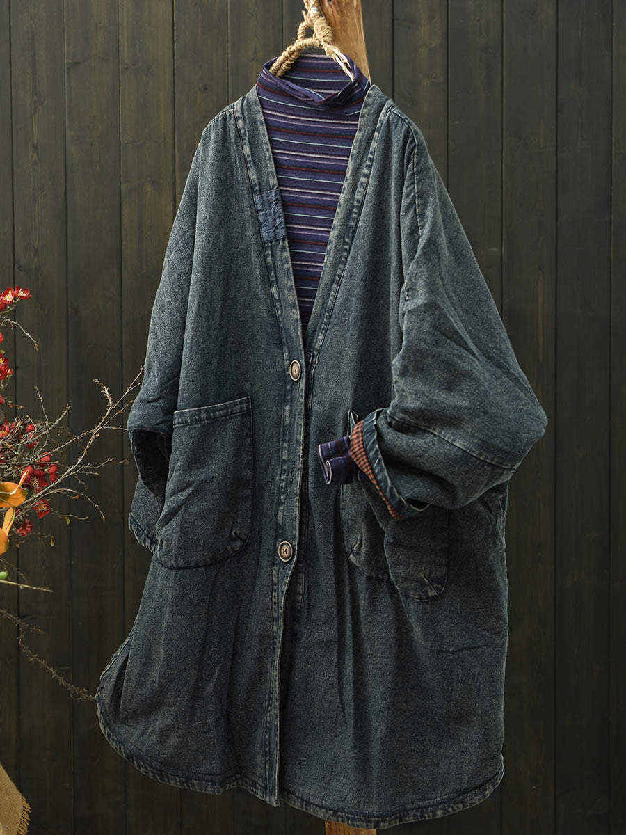 Women Vintage Denim V-Neck Padded Coat