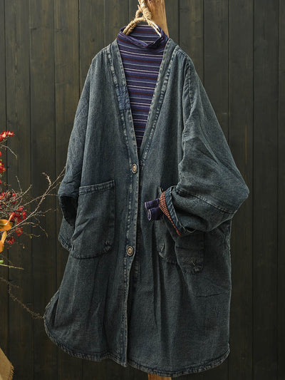 Women Vintage Denim V-Neck Padded Coat