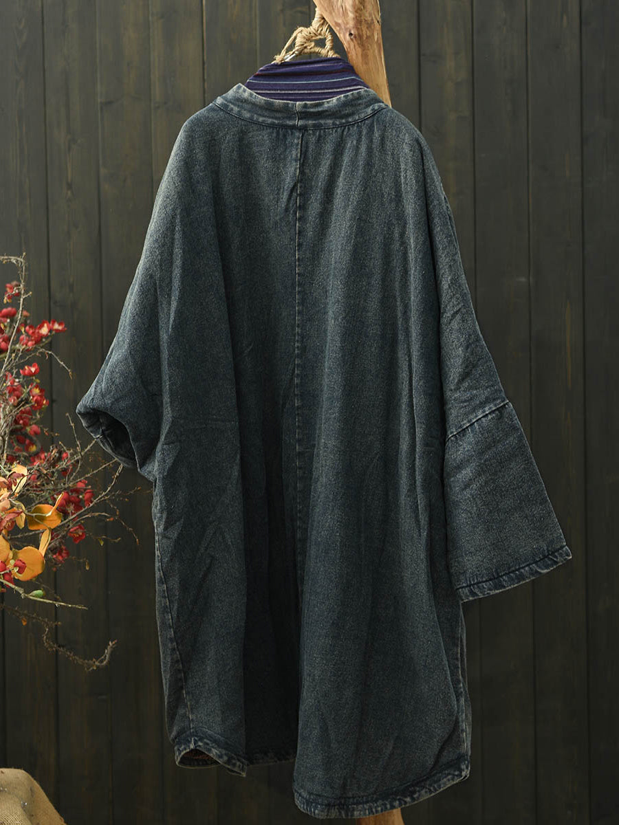 Women Vintage Denim V-Neck Padded Coat