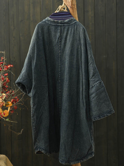 Women Vintage Denim V-Neck Padded Coat