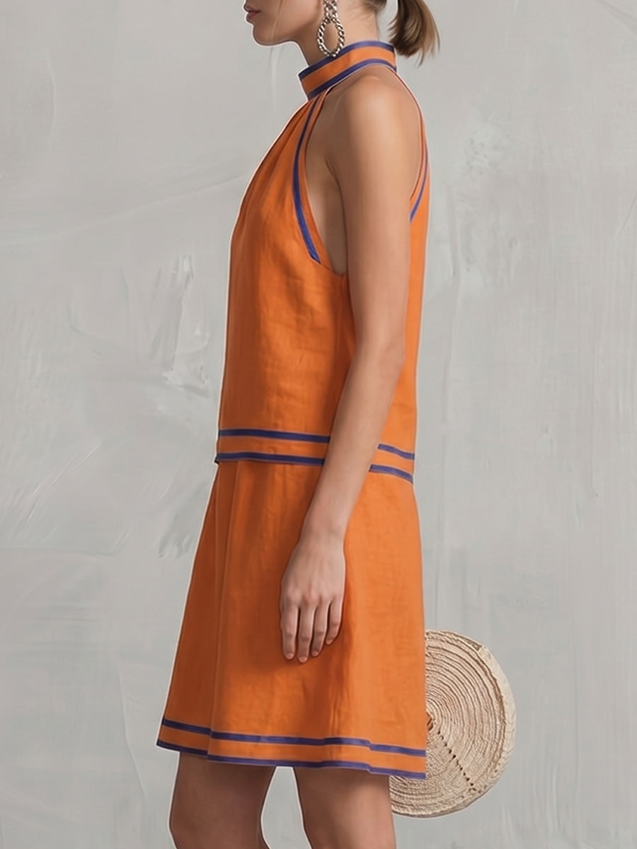 A-Line Sleeveless Contrast Color Pockets Zipper Halter-Neck Mini Dresses