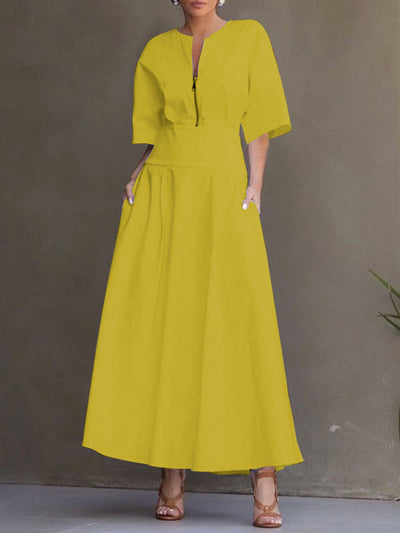 Half Sleeves Loose Solid Color Zipper Round-Neck Maxi Dresses