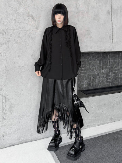 Hipster Long Sleeves Buttoned Falbala Ruffled Solid Color Split-Joint Lapel Blouses&Shirts Tops