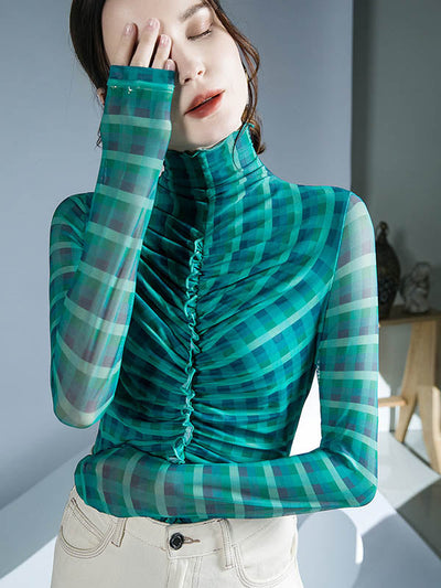 Long Sleeves Skinny Contrast Color Plaid Pleated Split-Joint High-Neck Blouses&Shirts Tops