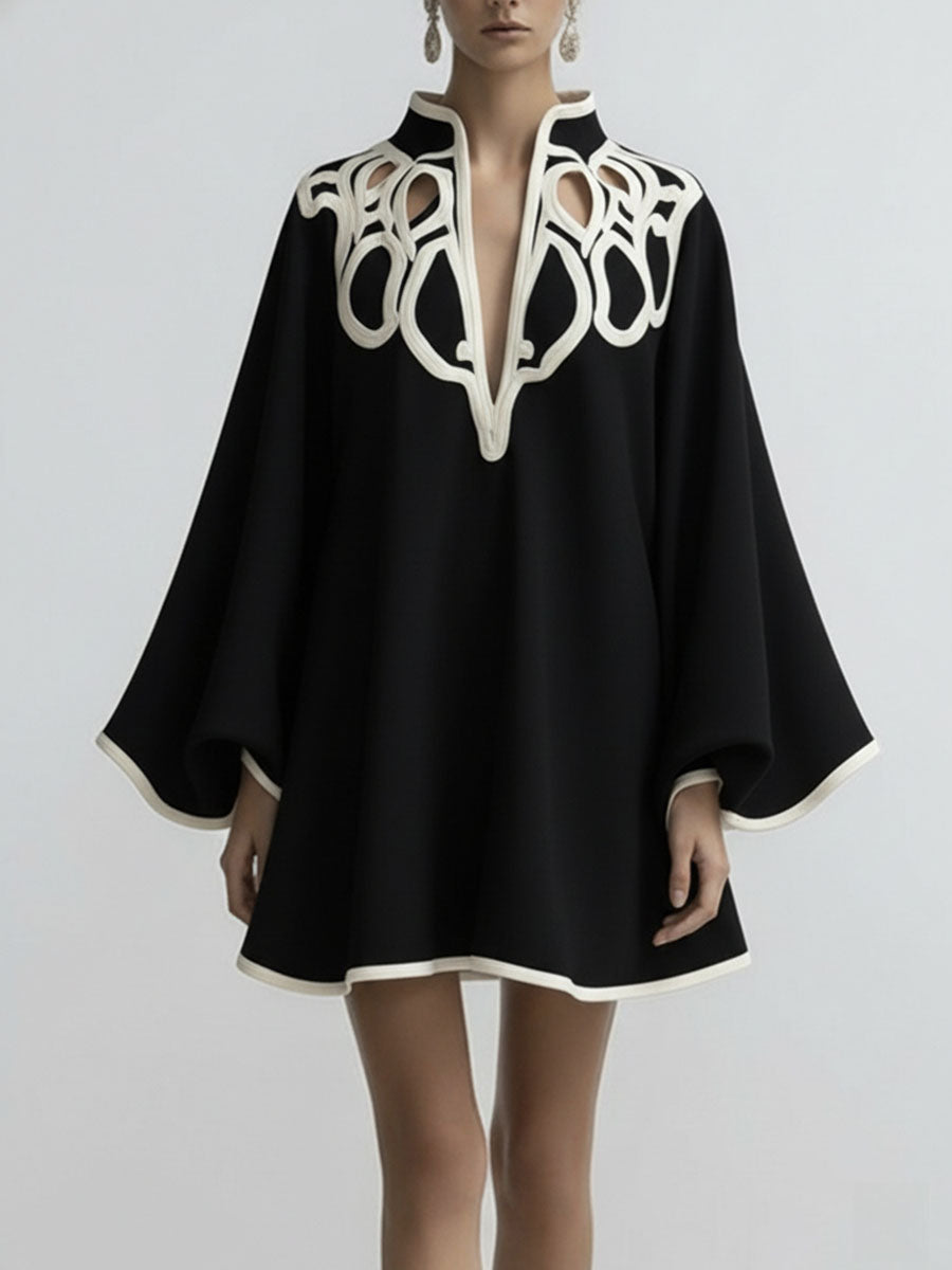 Flared Sleeves Loose Contrast Color Hollow Stand Collar Mini Dresses