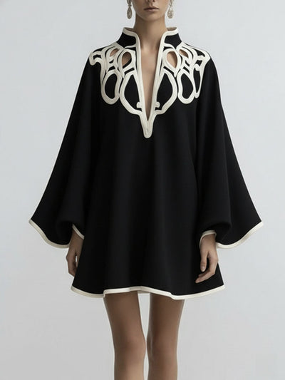 Flared Sleeves Loose Contrast Color Hollow Stand Collar Mini Dresses