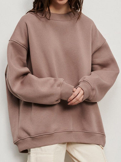 Long Sleeves Loose Solid Color Round-Neck Sweatshirt Tops