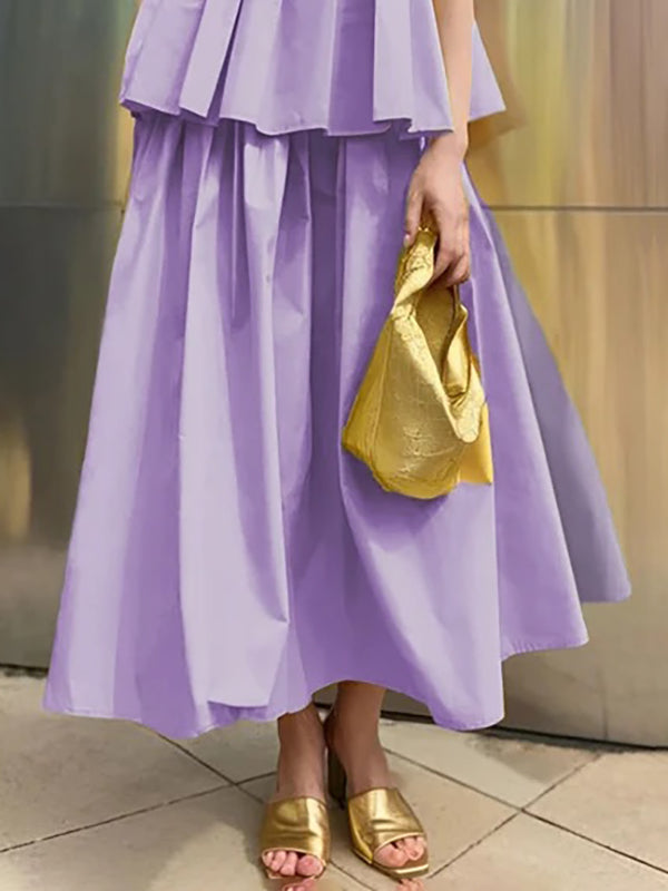 A-Line Loose Pleated Pockets Solid Color Skirts Bottoms