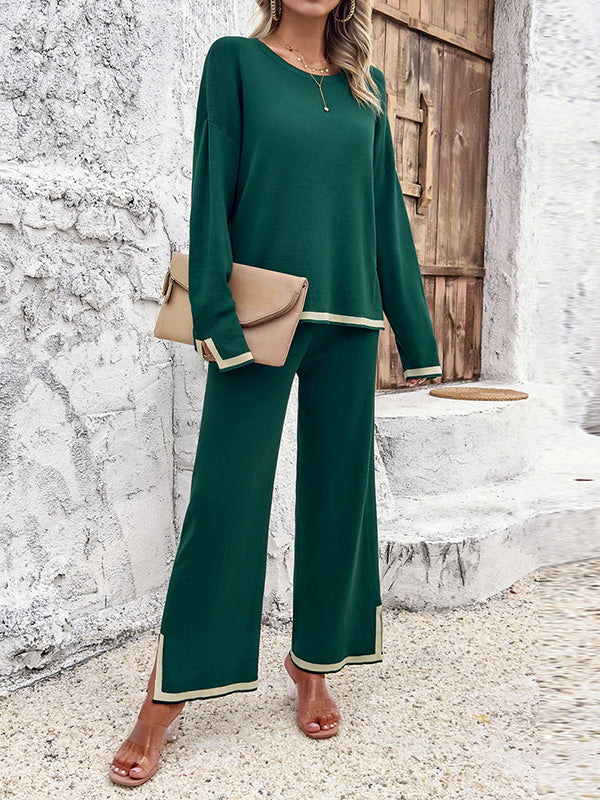 Long Sleeves Contrast Color Split-Joint Split-Side Round-Neck High-Low Sweater Tops +  Pants Bottom Two Pieces Set