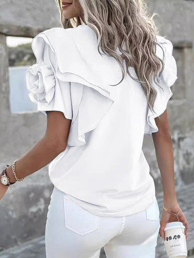 Loose Ruffle Sleeves Ruffled Solid Color Three-Dimensional Flower Round-Neck T-Shirts Tops