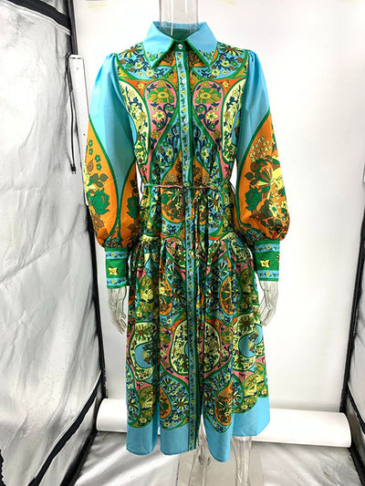 High Waisted Loose Puff Sleeves Belted Floral Printed Lapel Midi Dresses