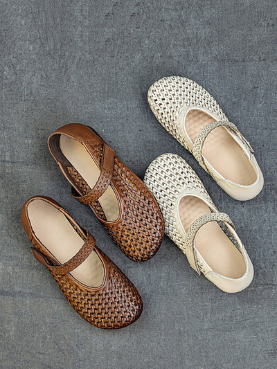 Women Summer Leather Hollow Out Low Heel Shoes