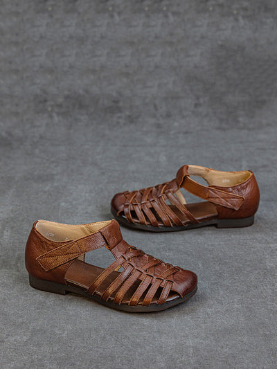 Women Vintage Summer Leather Cross Weave Sandals