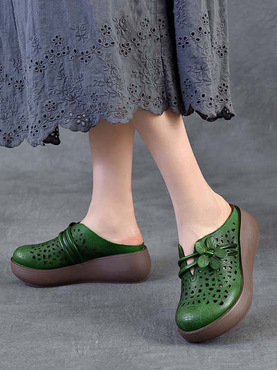 Women Ethnic Leather Flower Hollow Out Platform Slippers