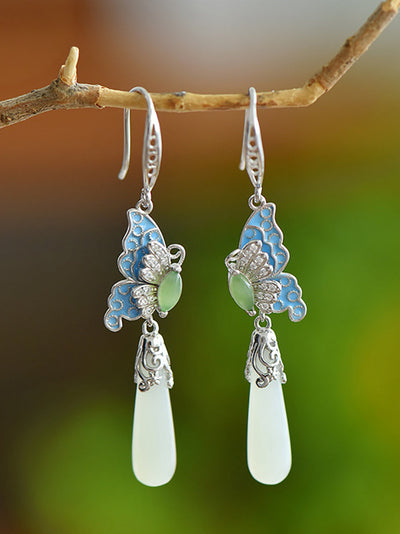 Women Ethnic Jade Enamel Butterfly S925Silver Earrings
