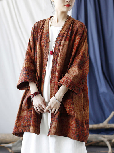 Plus Size  Women Autumn Ethnic Pocket Loose Print Loose Coat