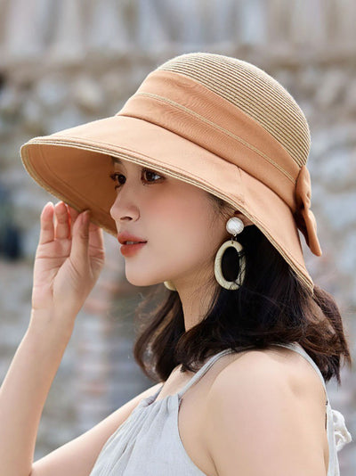 Women Casual Straw Spliced Bowknot Sunproof Hat
