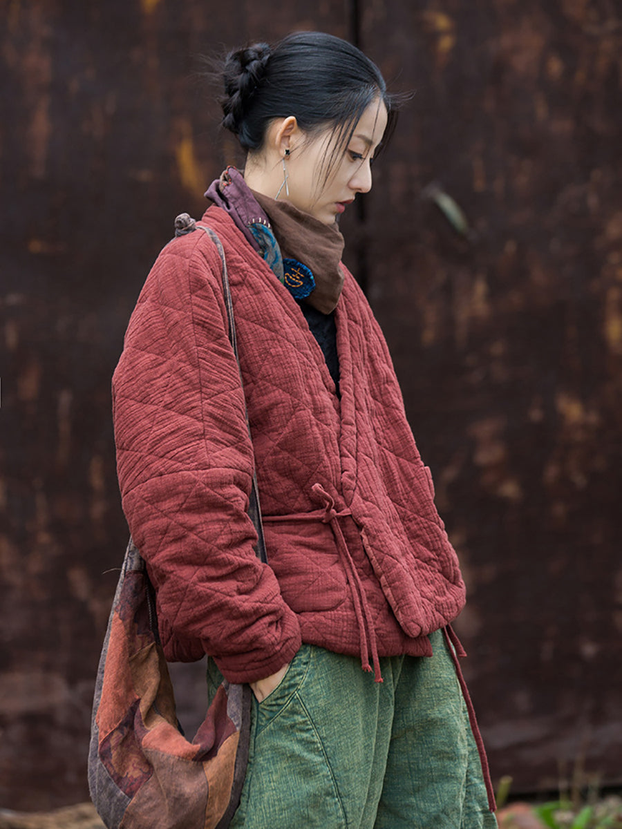 Women Winter Artsy Pure Color V-Neck Padded Coat