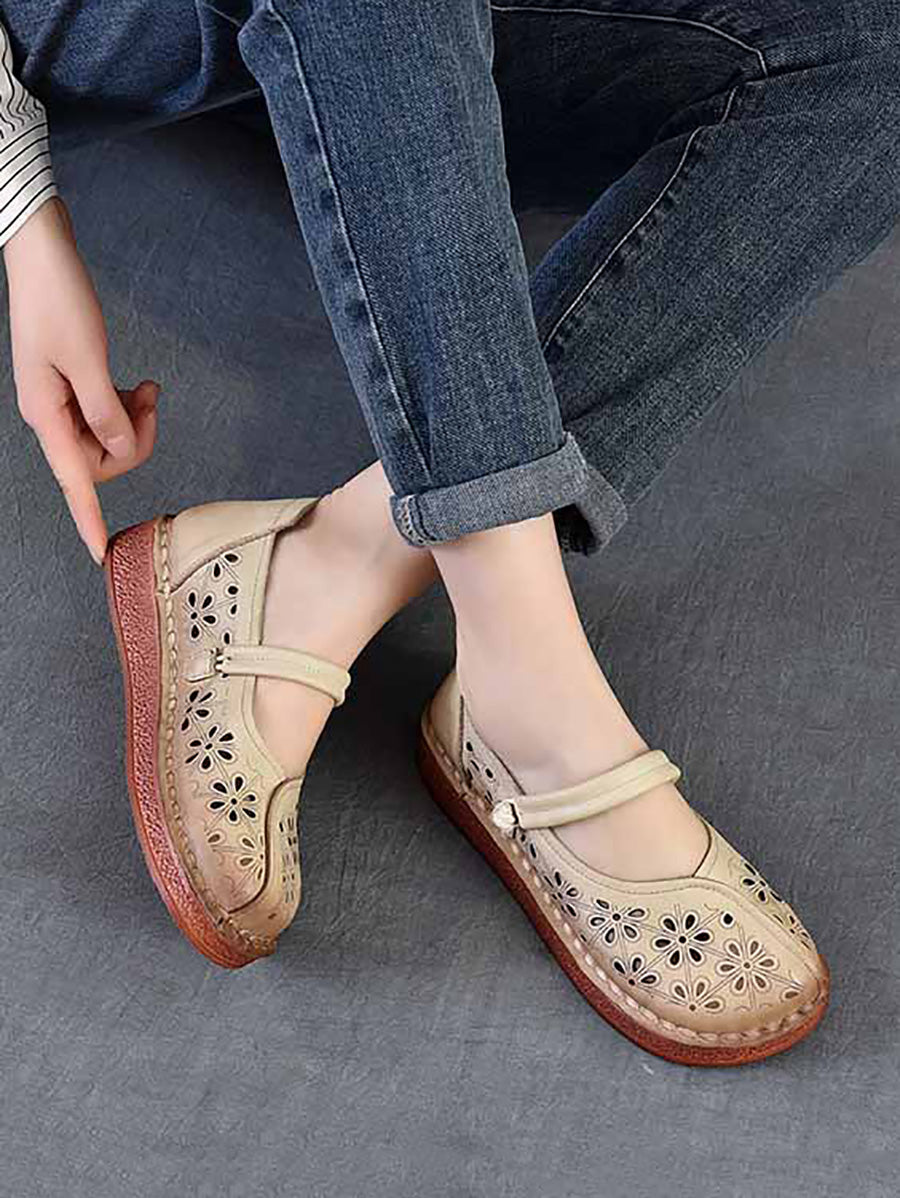 Women Vintage Leather Flower Hollow Out Low Heel Shoes