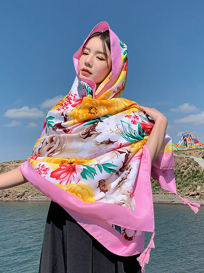 Women Ethnic Print Tassel Shawl Scarf