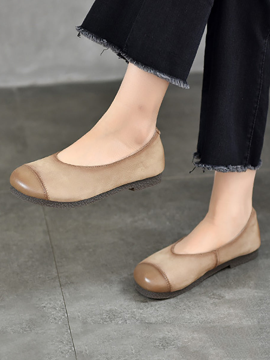 Women Vintage Soft Leather Colorblock Low Heel Shoes