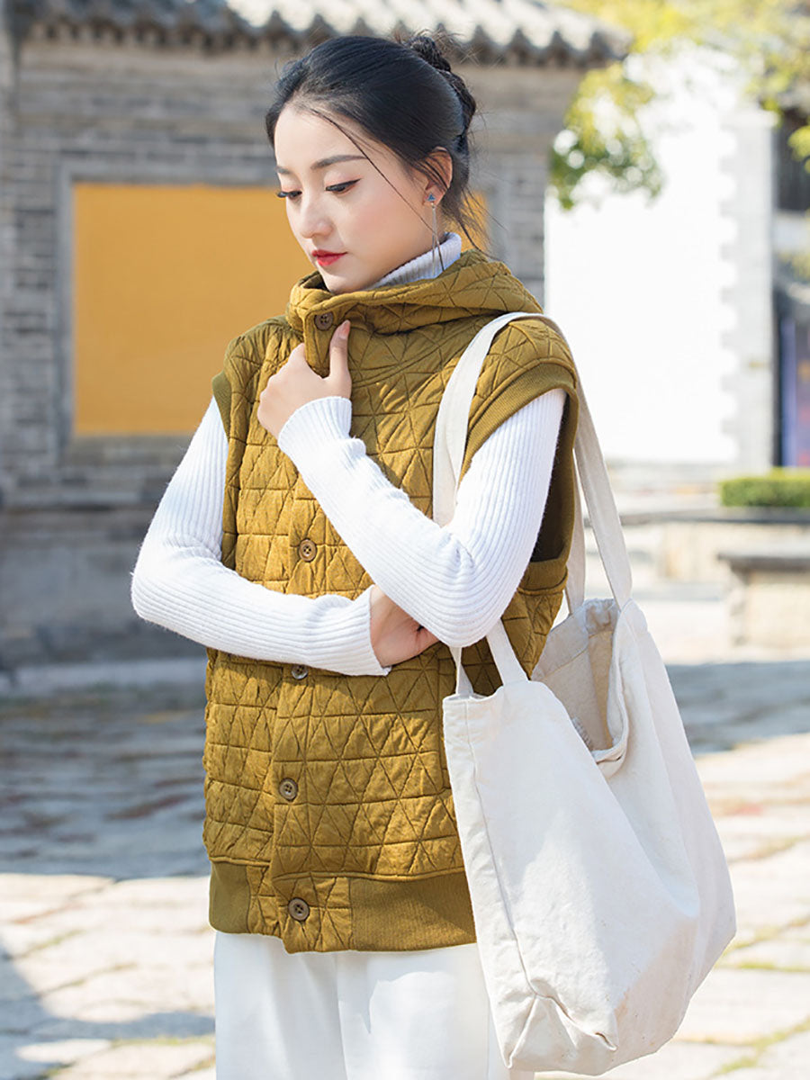 Women Winter Artsy Solid Button Pocket Hooded Vest