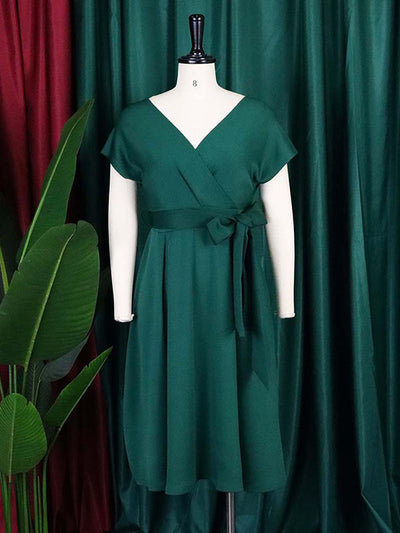 Bowknot Lace-Up Solid Color V-Neck Midi Dresses