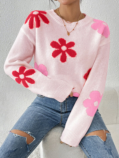 Long Sleeves Loose Contrast Color Flower Print Round-Neck Sweater Tops