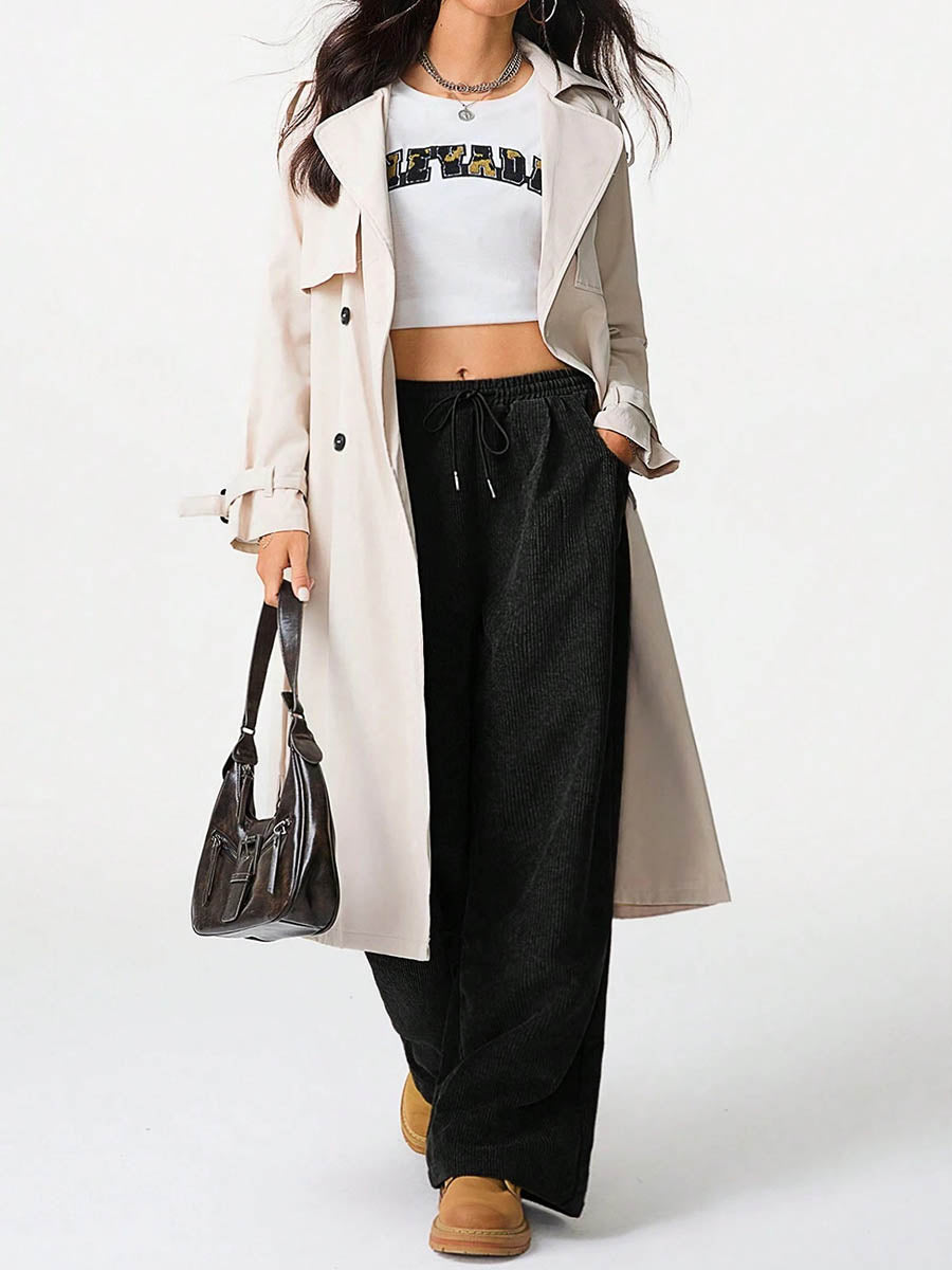 High Waisted Wide Leg Drawstring Elasticity Pockets Solid Color Pants Trousers