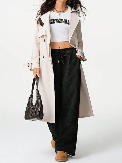 High Waisted Wide Leg Drawstring Elasticity Pockets Solid Color Pants Trousers