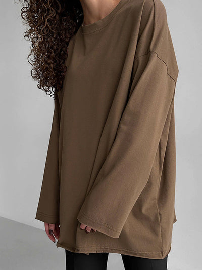 Long Sleeves Loose Solid Color Round-Neck T-Shirts Tops