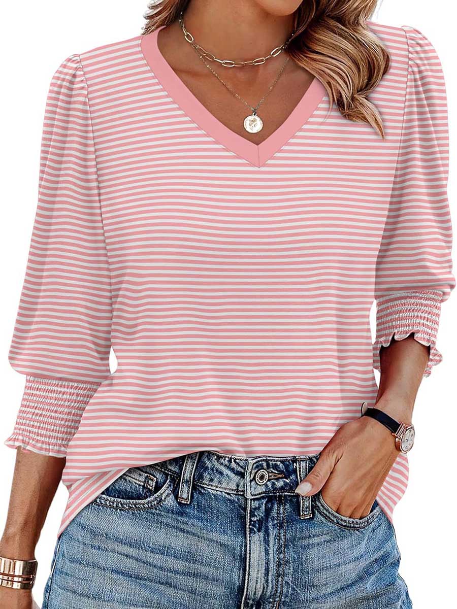 Long Sleeves Loose Contrast Color Pleated Printed Split-Joint V-Neck T-Shirts Tops