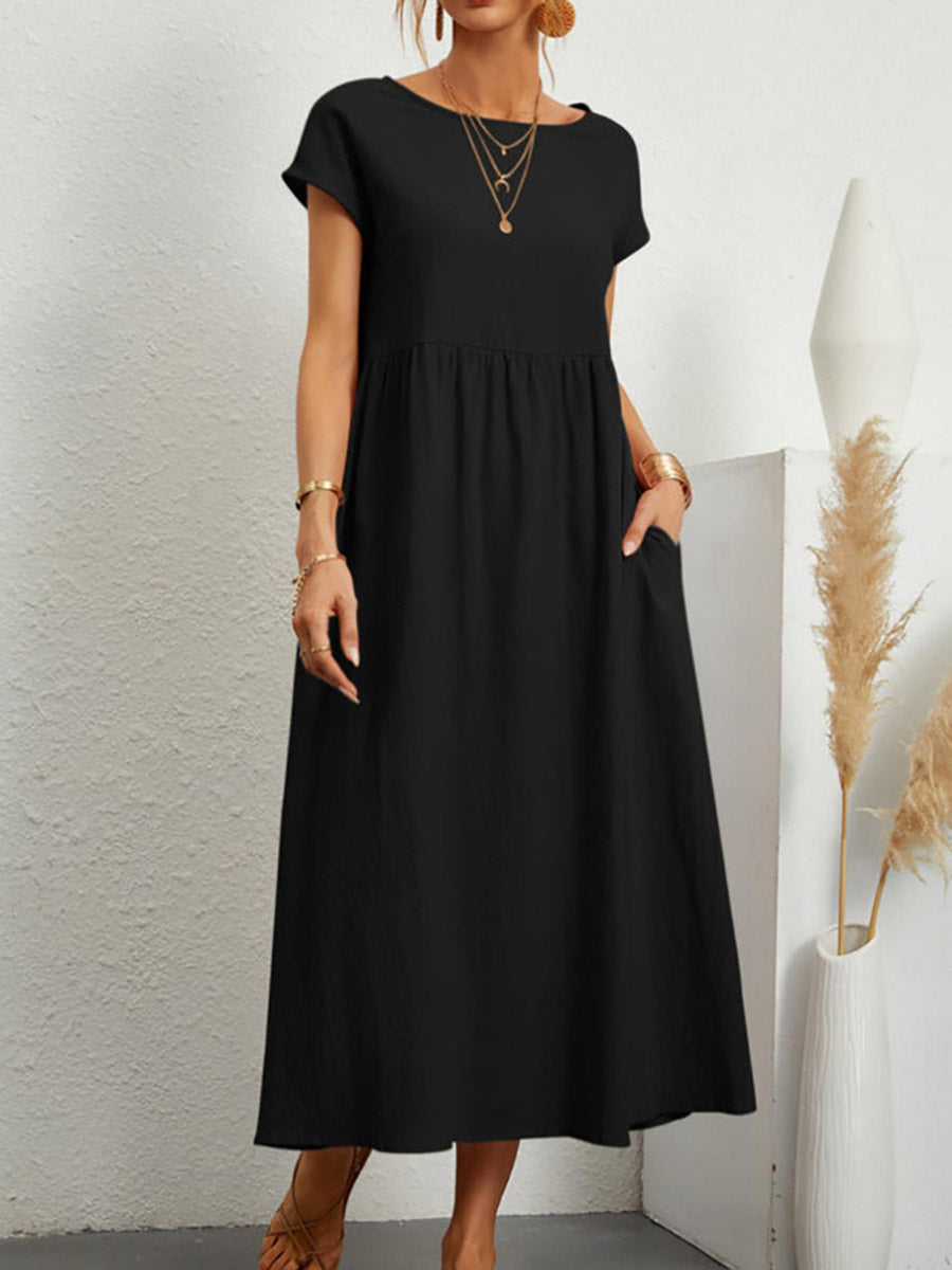 A-Line Plus Size Pleated Pockets Solid Color Round-Neck Midi Dresses