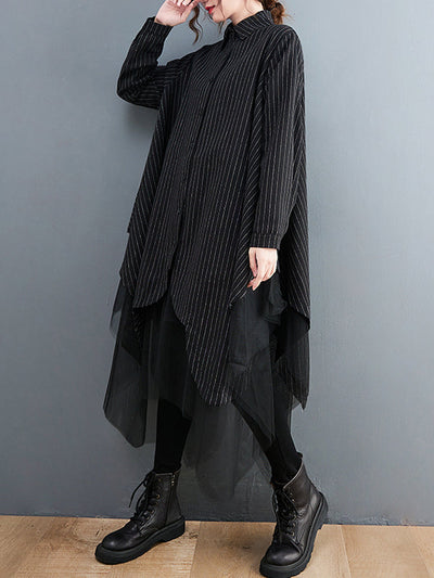 Loose Striped Gauze Split-Joint Lapel Long Dress