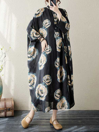Loose Three-quarter Sleeves Buttoned Flower Print Stand Collar Midi Dresses