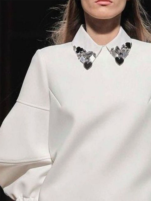 Loose Puff Sleeves Rhinestone Solid Color Lapel Blouses&Shirts Tops