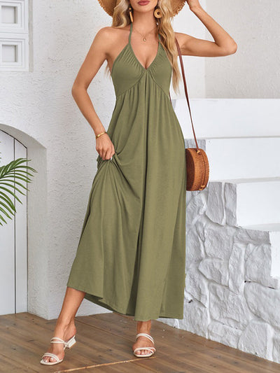 A-Line Loose Pleated Solid Color Split-Joint Deep V-Neck Maxi Dresses