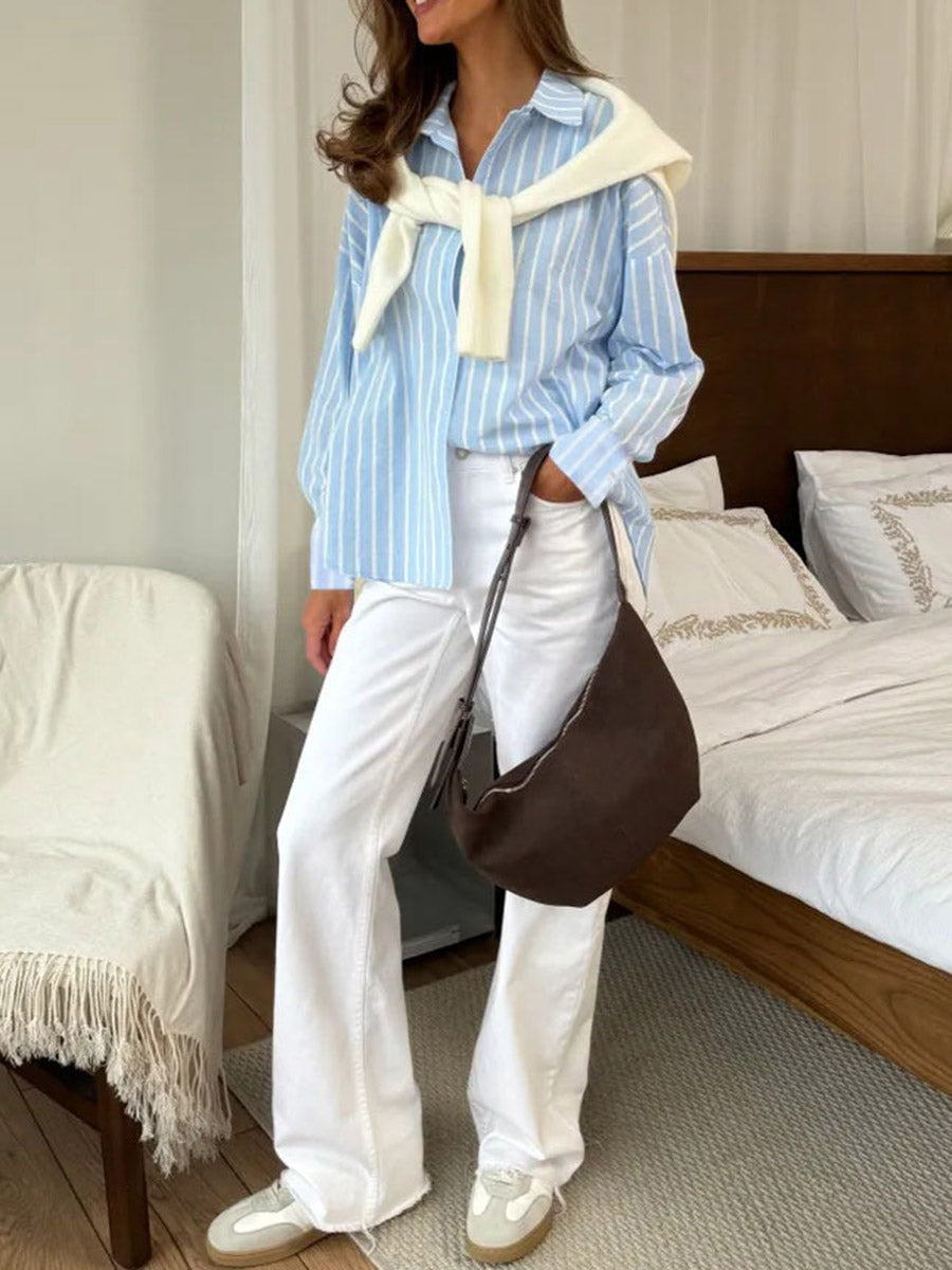 Long Sleeves Loose Buttoned Contrast Color Split-Joint Striped Lapel Blouses&Shirts Tops