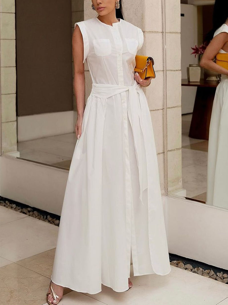 Cap Sleeve Loose Buttoned Solid Color Split-Side Tied Waist Maxi Dresses Shirt Dress