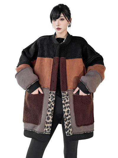 Long Sleeves Loose Buttoned Contrast Color Reversible Split-Joint Round-Neck Cardigan Tops Outerwear