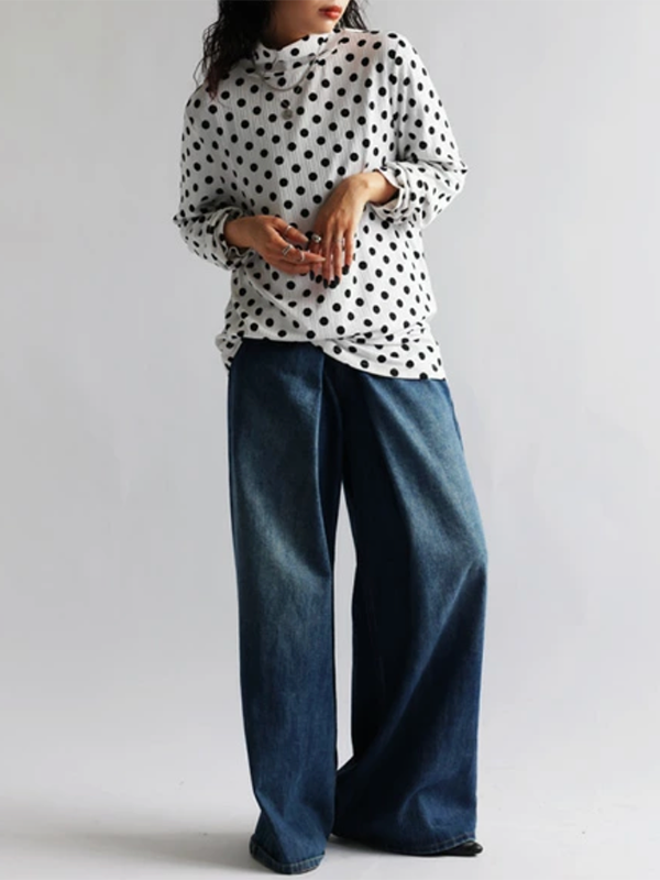 Long Sleeves Loose Polka-Dot Heaps Collar T-Shirts Tops