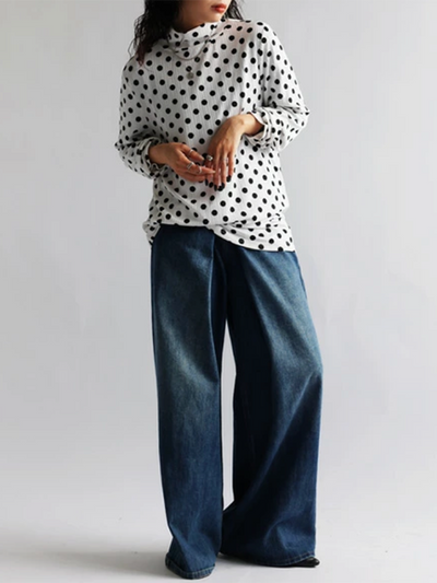 Long Sleeves Loose Polka-Dot Heaps Collar T-Shirts Tops
