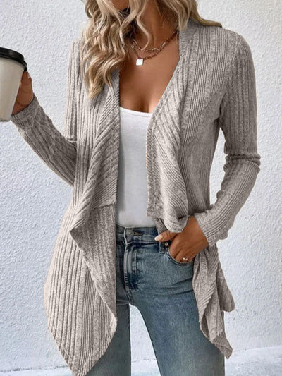 Long Sleeves Loose Solid Color Collarless Cardigan Tops