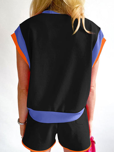 Contrast Color Short Sleeves Round-Neck T-Shirt + Elasticity Shorts Two Pieces Set